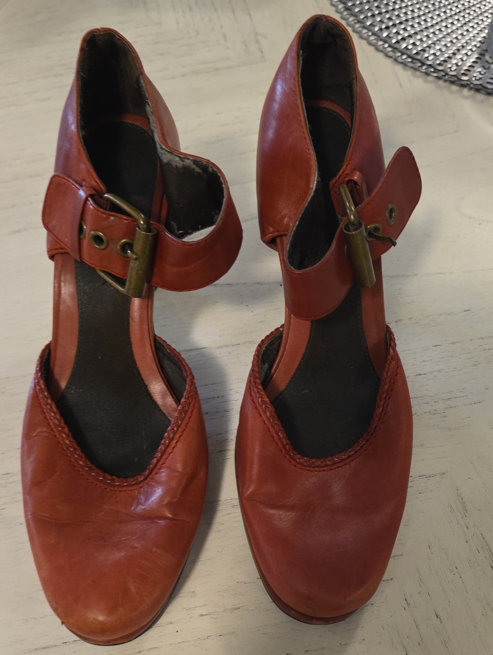 Women’s Rust Red Leather Ankle-Strap Heels with Buckle